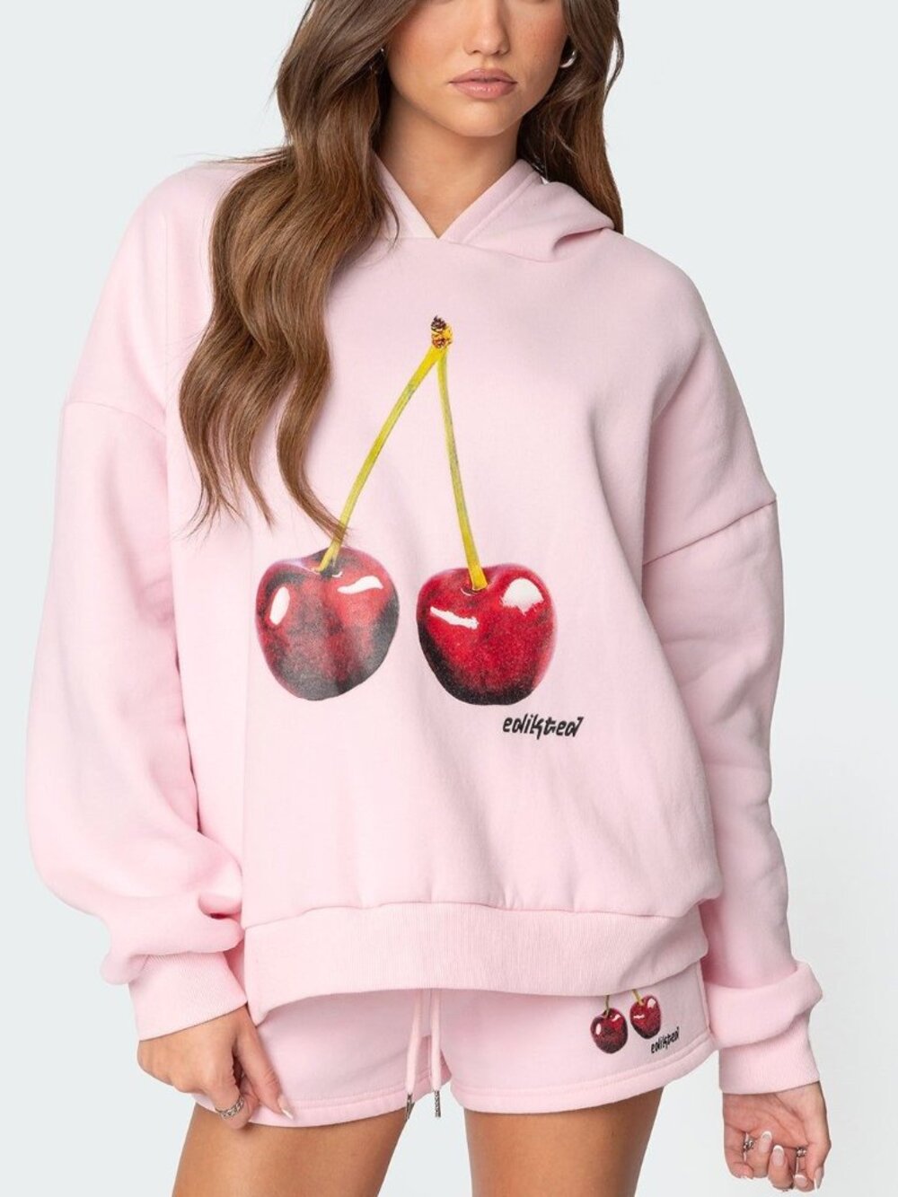 Edikted Pink Cherry Graphic Oversized Fleece Hoodie S